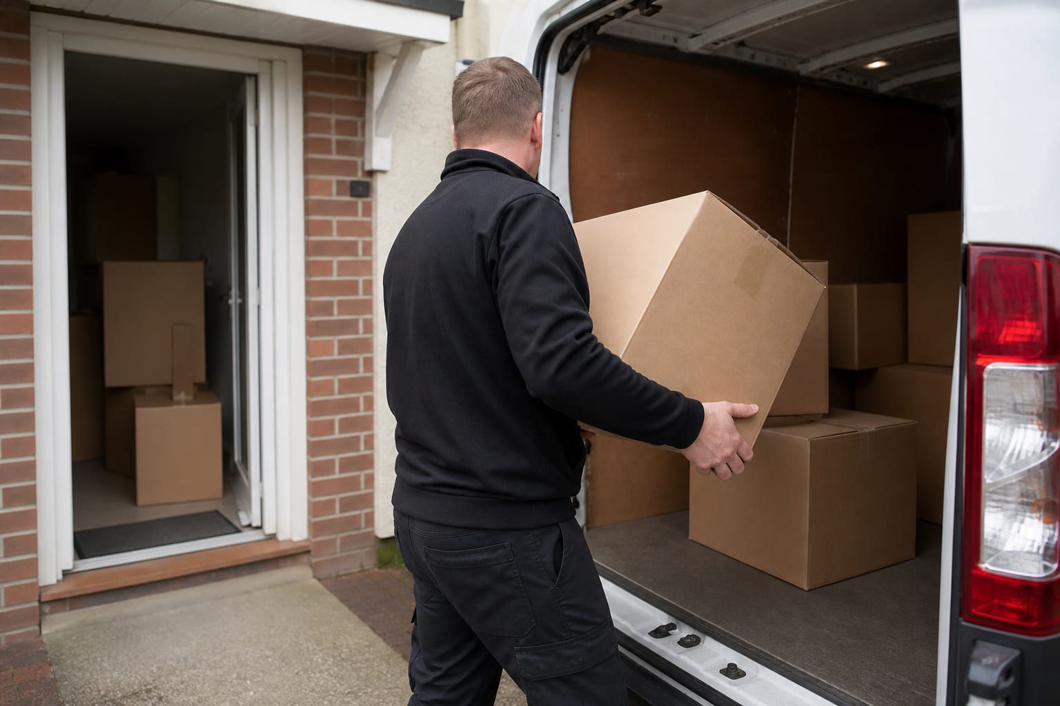 A cleaning and removals worker carrying boxes from a residential home into a van