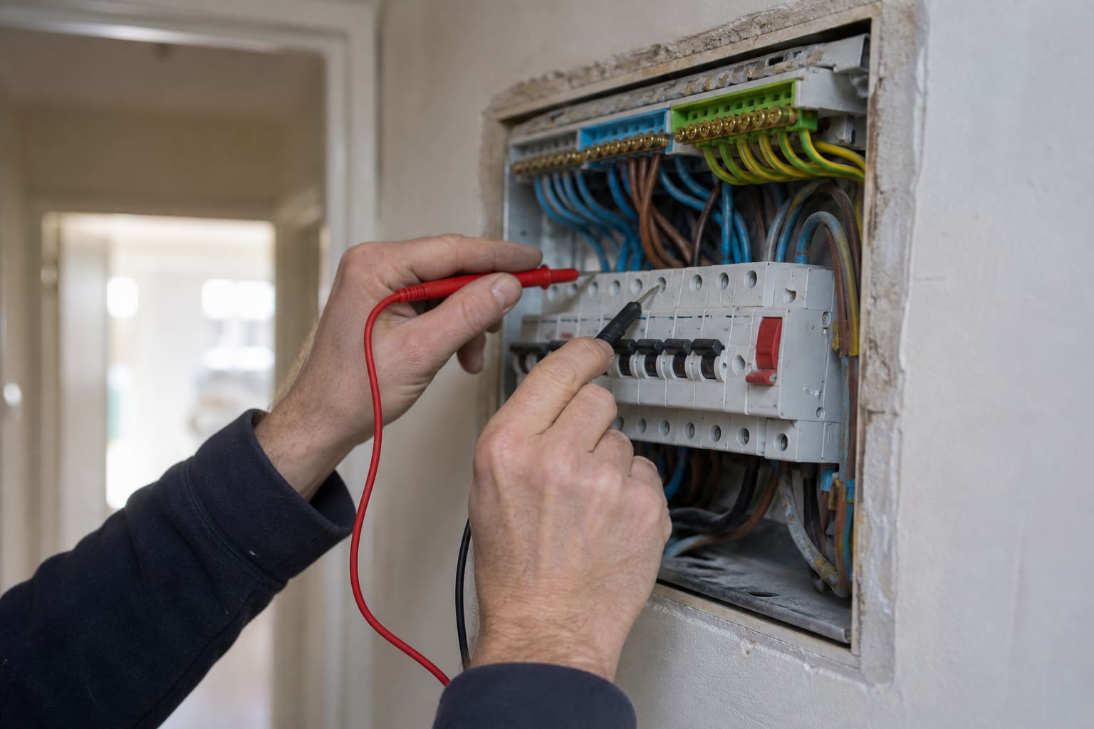 An electrician&rsquo;s hands testing a household consumer unit with a multimeter in a UK hallway