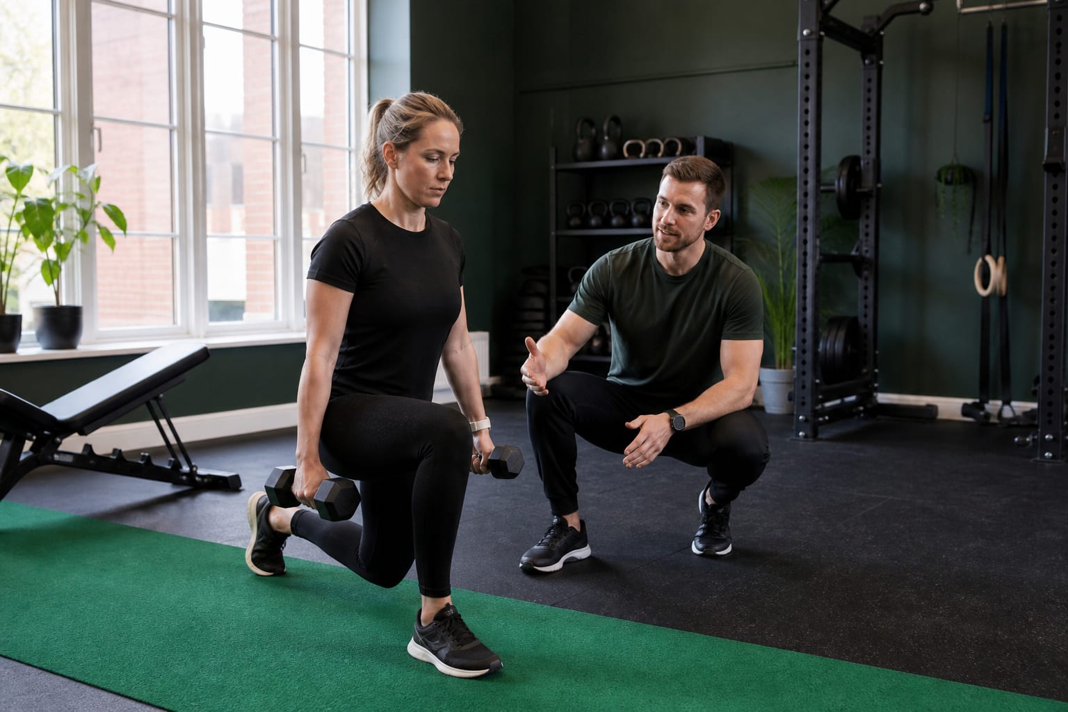 A personal trainer coaching a client through a strength exercise in a small UK studio