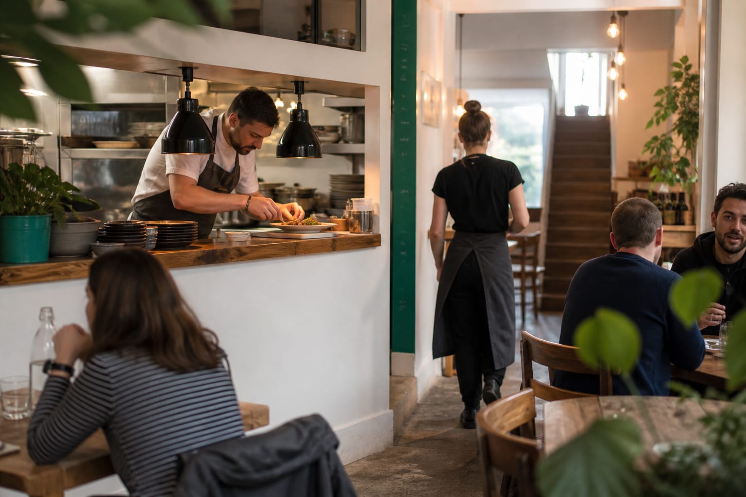 A chef plating food at the kitchen pass of a small independent UK café, with diners seated nearby