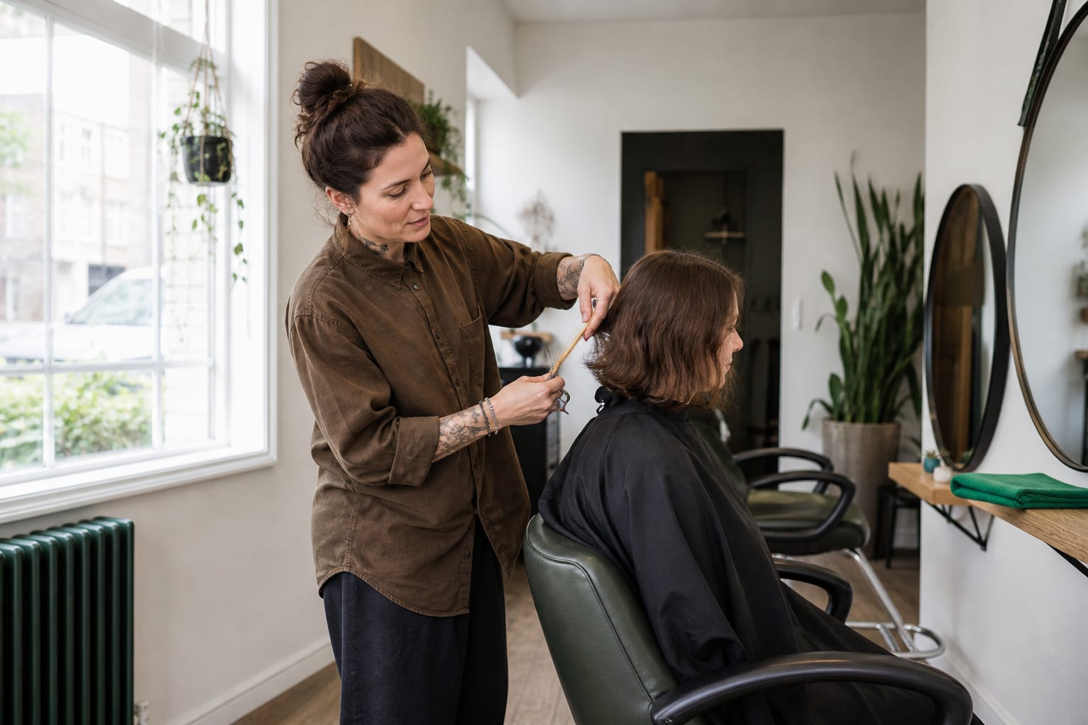 A stylist cutting a client's hair in a small independent UK salon