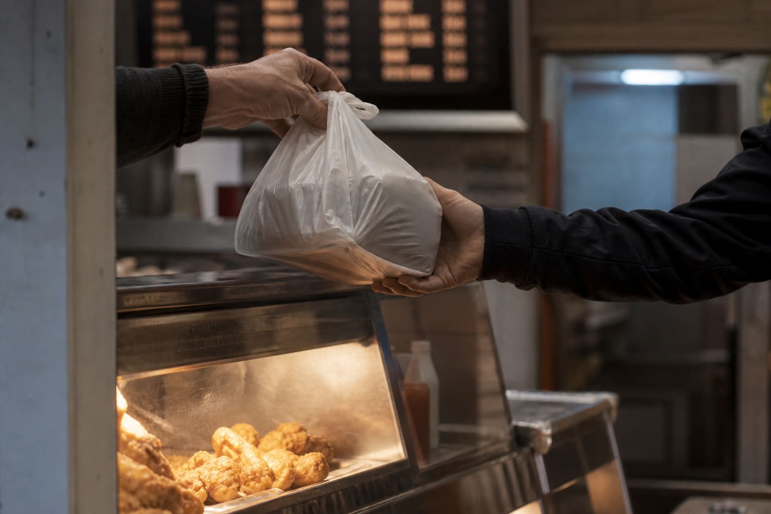 A takeaway counter in a small UK shop, with a bag of food being handed across to a customer