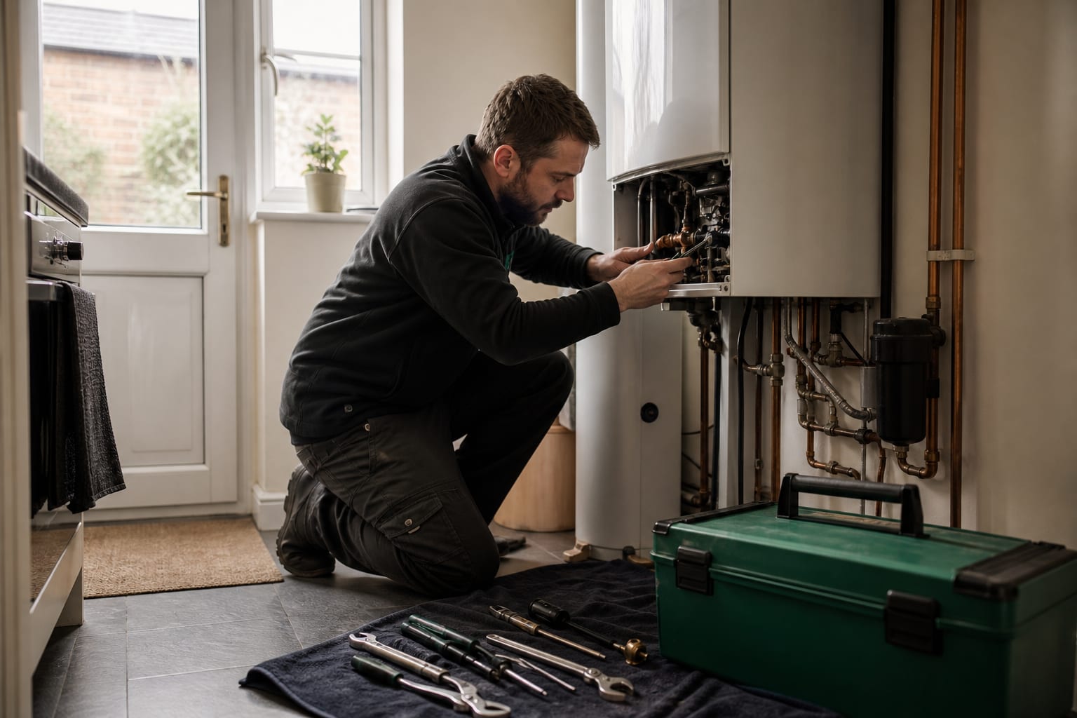 A UK tradesperson repairing a boiler in a residential kitchen, tools laid out on a cloth