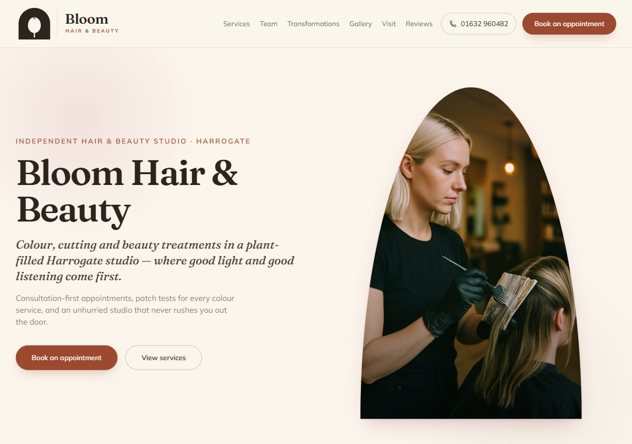 Homepage of Bloom Hair & Beauty, a concept demo website for a hair and beauty salon