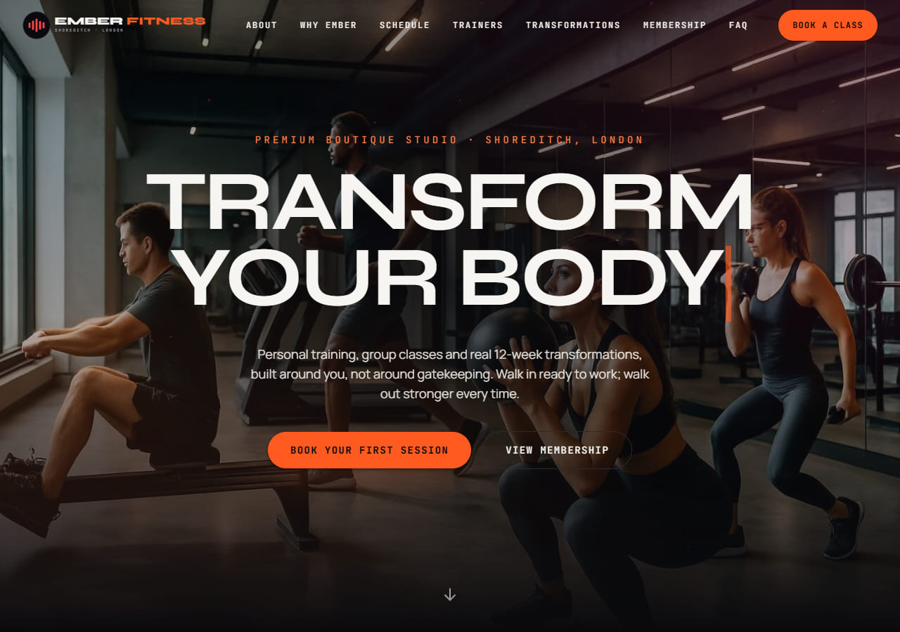 Homepage of Ember Fitness, a concept demo website for a boutique fitness studio