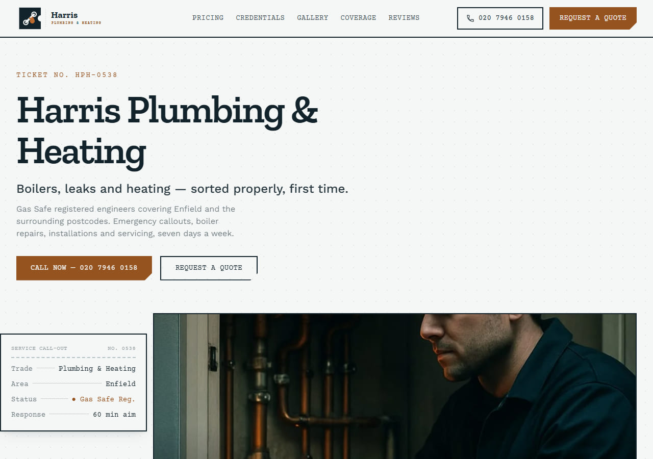 Homepage of Harris Plumbing & Heating, a concept demo website for a trades business