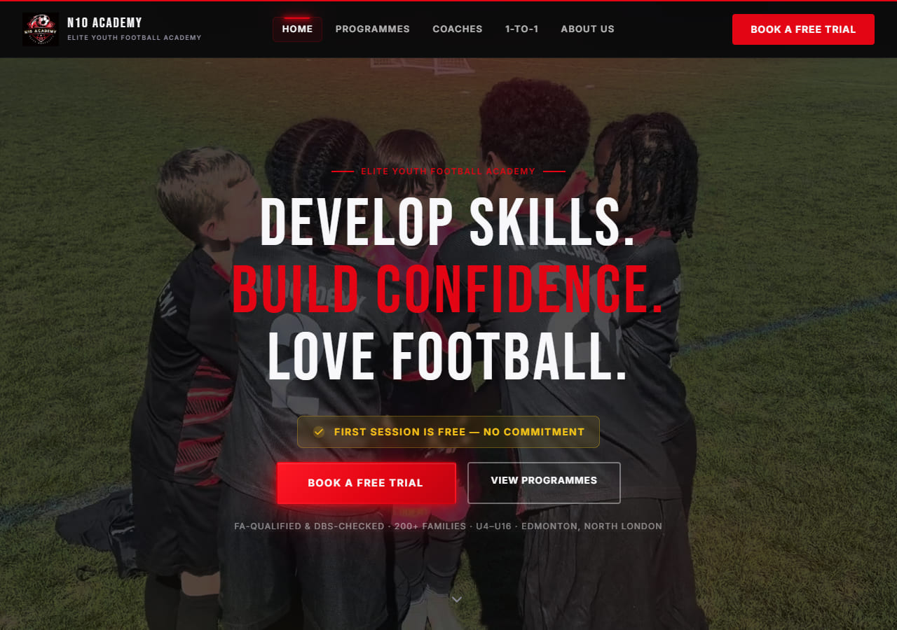 Homepage of N10 Academy, a youth football academy website built by Laara Digital