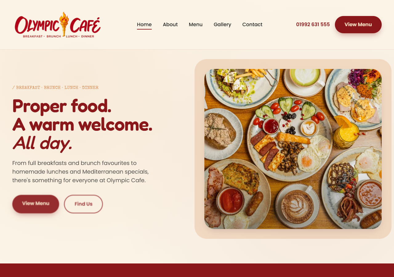 Homepage of Olympic Cafe, a neighbourhood café website built by Laara Digital