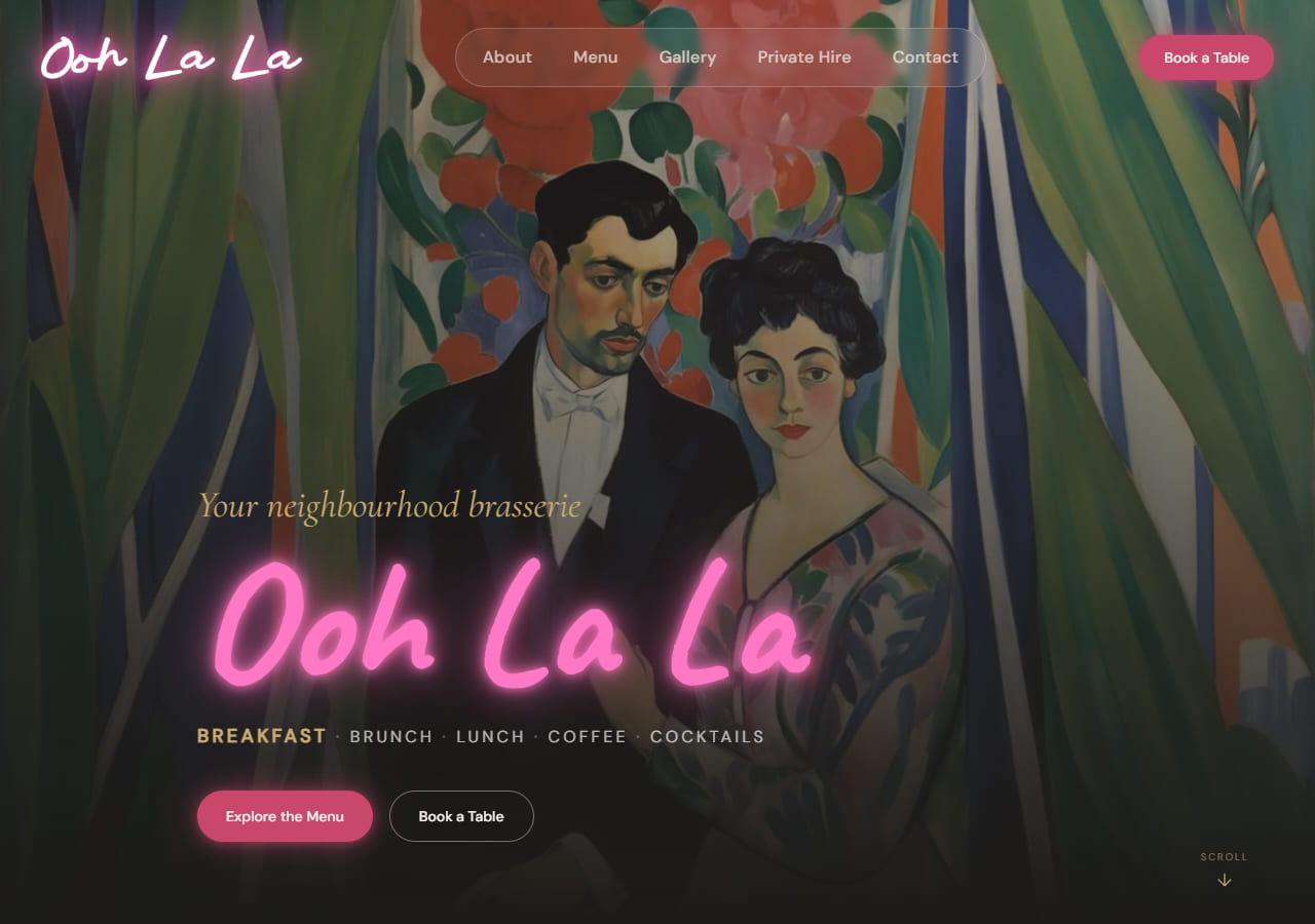 Homepage of Ooh La La Brasserie, a café and brasserie website built by Laara Digital